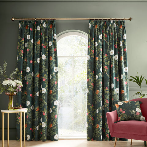 RHS Arcadia Floral Green Pencil Pleat Lined Curtains