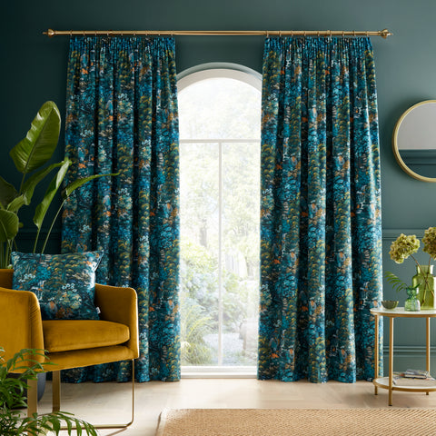 Royal Horticultural Society Garden Walk Blue Pencil Pleat Lined Curtains