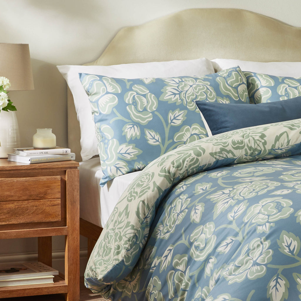 Duvet Day Camellia Printed Soft Touch Microfibre French Blue Duvet Set