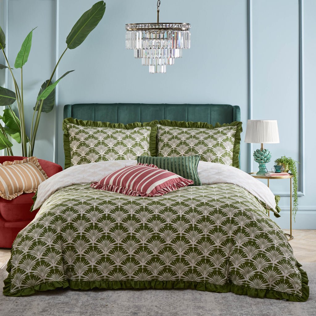 Furn Deco Palm Printed Ruffle Moss Duvet Set